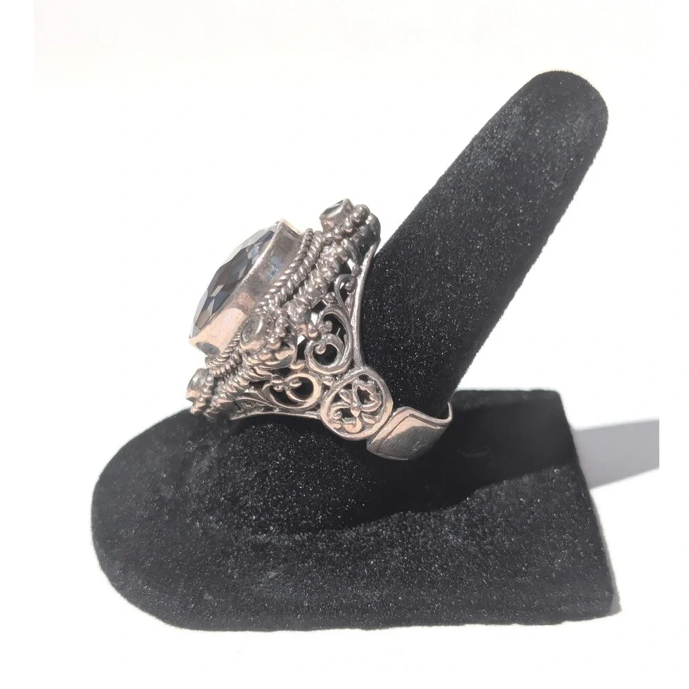Sarda Bali Sterling Silver Gray Smoky Quartz Filigree Ring Size 7 Balinese Style